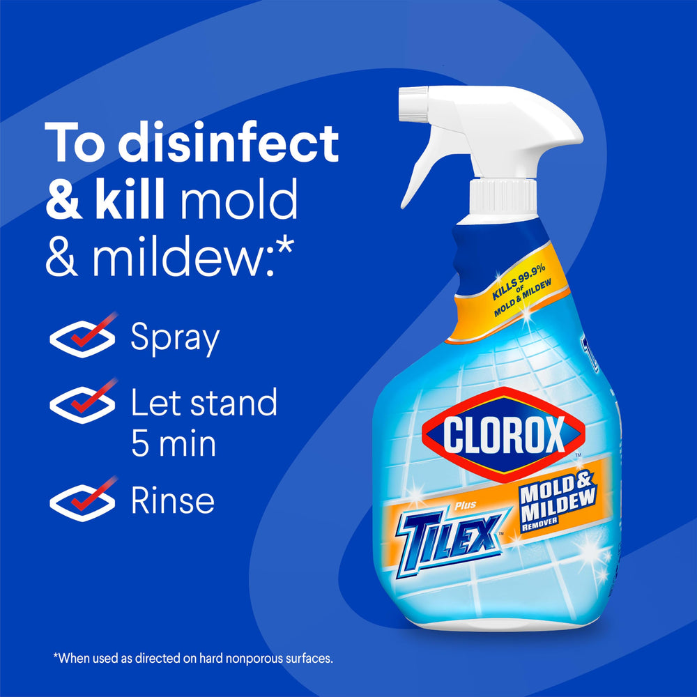 Clorox Plus Tilex on glazed tile highlighting quick dwell time.