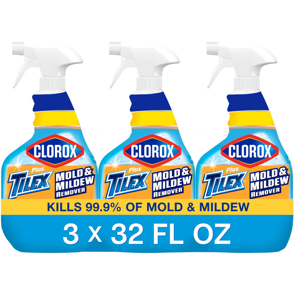 Clorox Plus Tilex spray bottle close-up showing powerful mold removal on hard surfaces.
