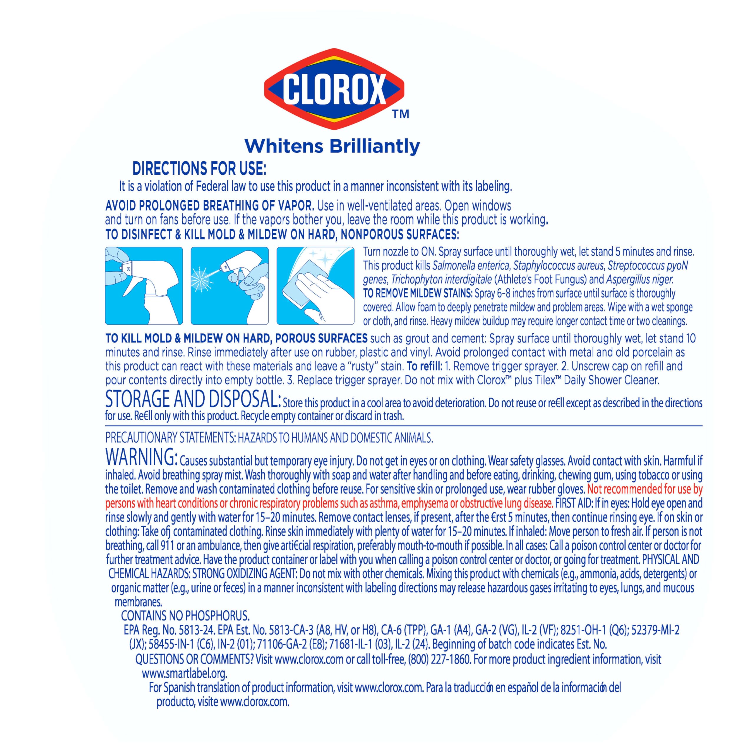 Clorox Plus Tilex spray bottle in action on tub surface; no scrubbing required.
