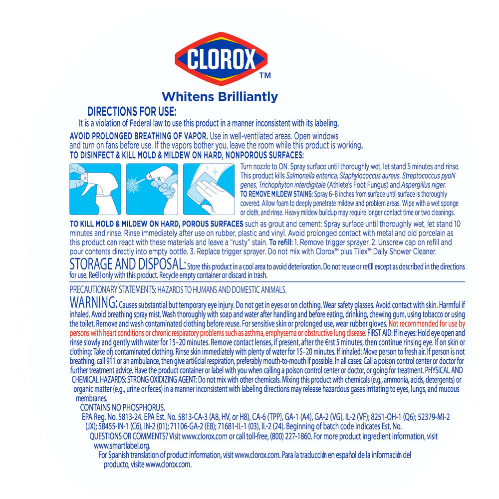 Clorox Plus Tilex spray bottle in action on tub surface; no scrubbing required.