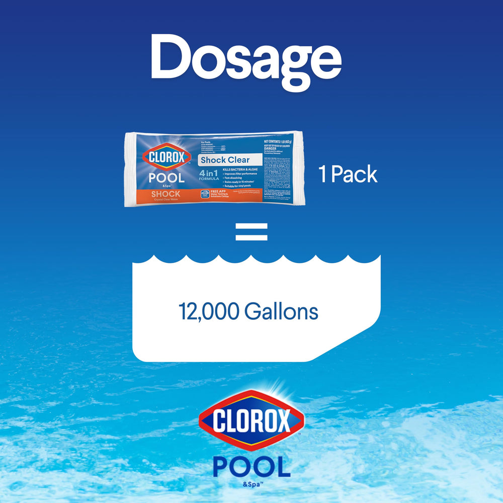 Clorox Pool&Spa App interface with dosage guidance.