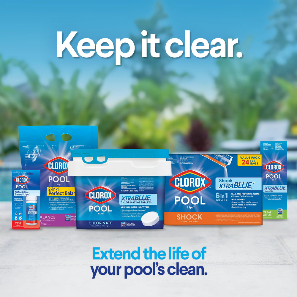 Clorox Pool App screenshot guides testing and dosage for XTRABLUE users.