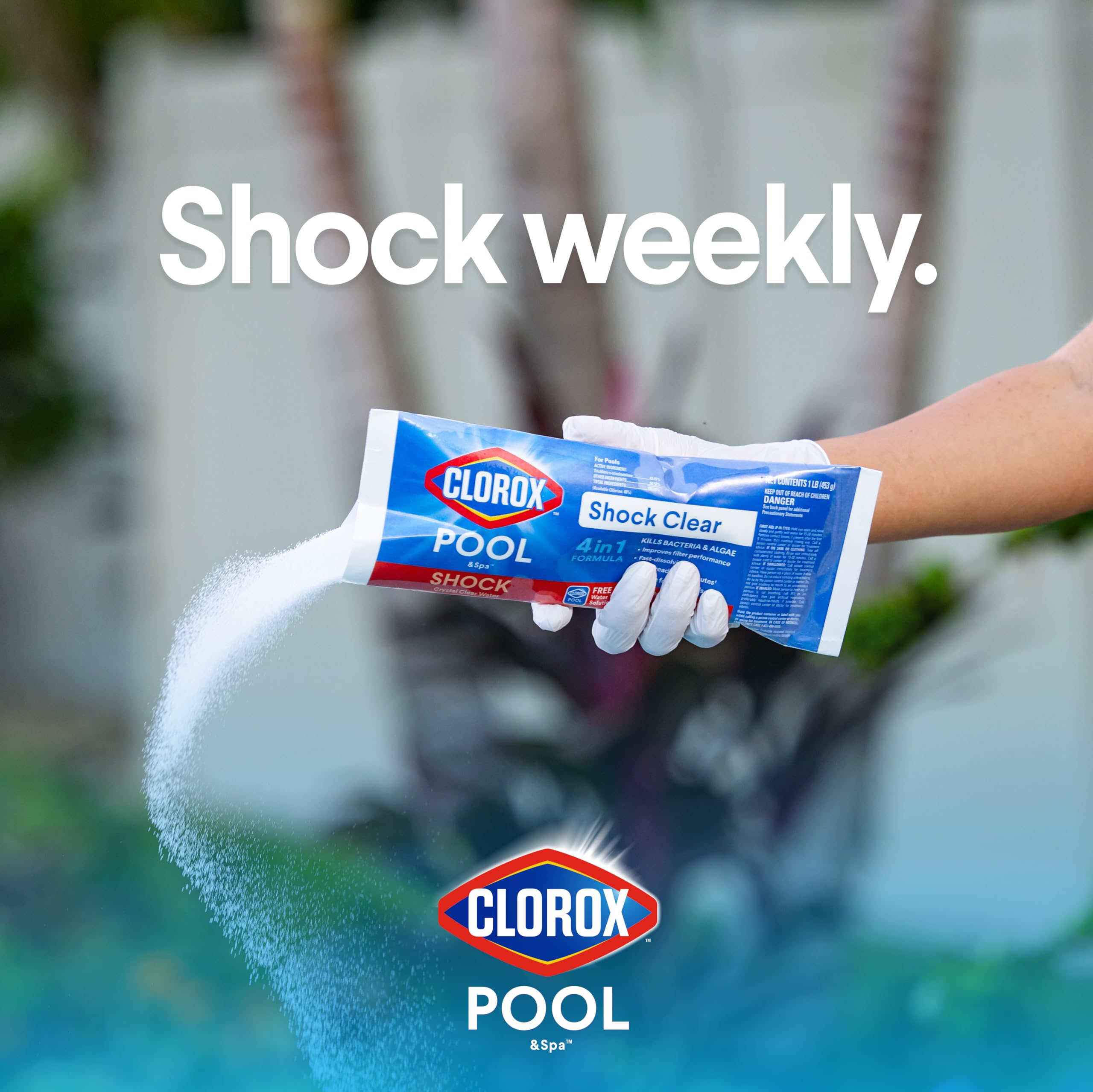 Clorox Pool&Spa Shock Clear being measured for 12,000 gallons.