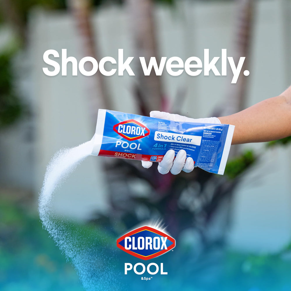 Clorox Pool&Spa Shock Clear being measured for 12,000 gallons.