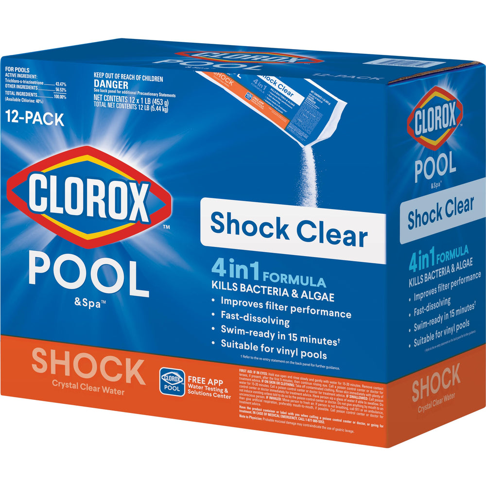 Clorox Pool&Spa Shock Clear packaging front for fast pool treatment.