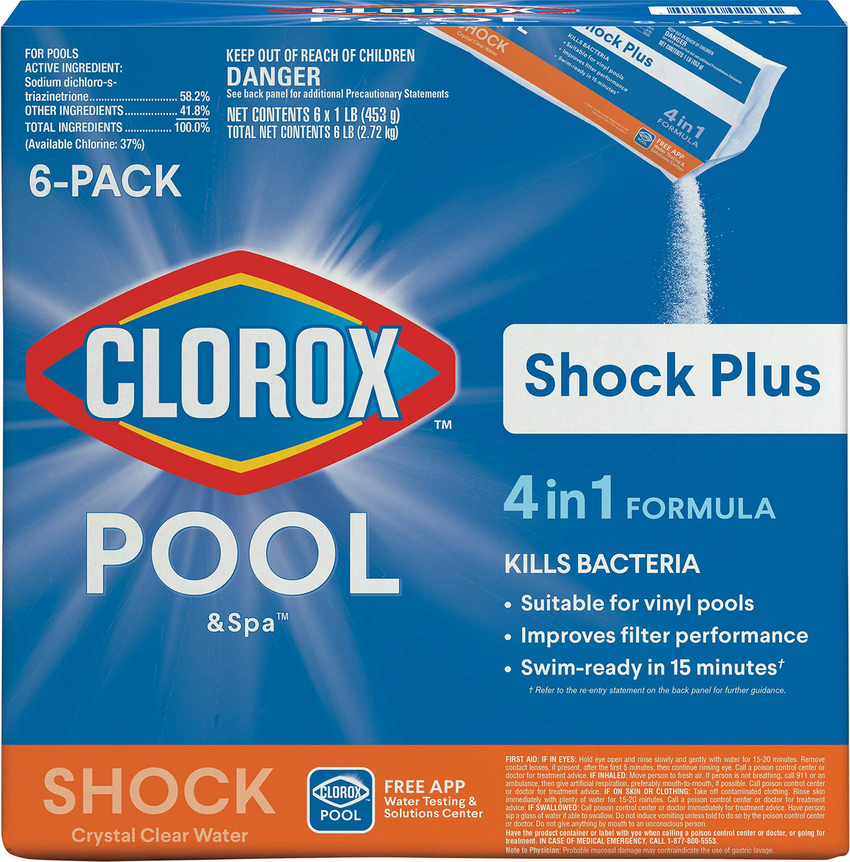 Clorox Pool&Spa Shock Plus 6-pack bottle shown for crystal-clear water and easy dosing.