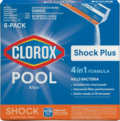 Clorox Pool&Spa Shock Plus 6-pack bottle shown for crystal-clear water and easy dosing.
