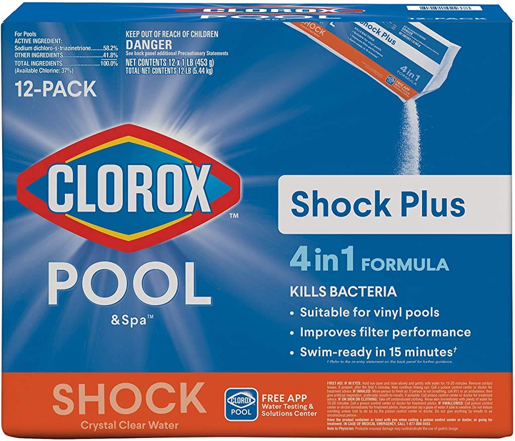 CLOROX Pool&Spa Shock Plus packaging shown for vinyl pool treatment.