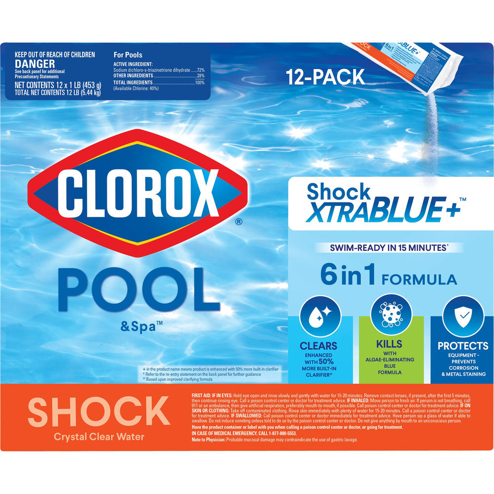 Clorox Pool and Spa Shock XTRABLUE Plus packaging ready for use.