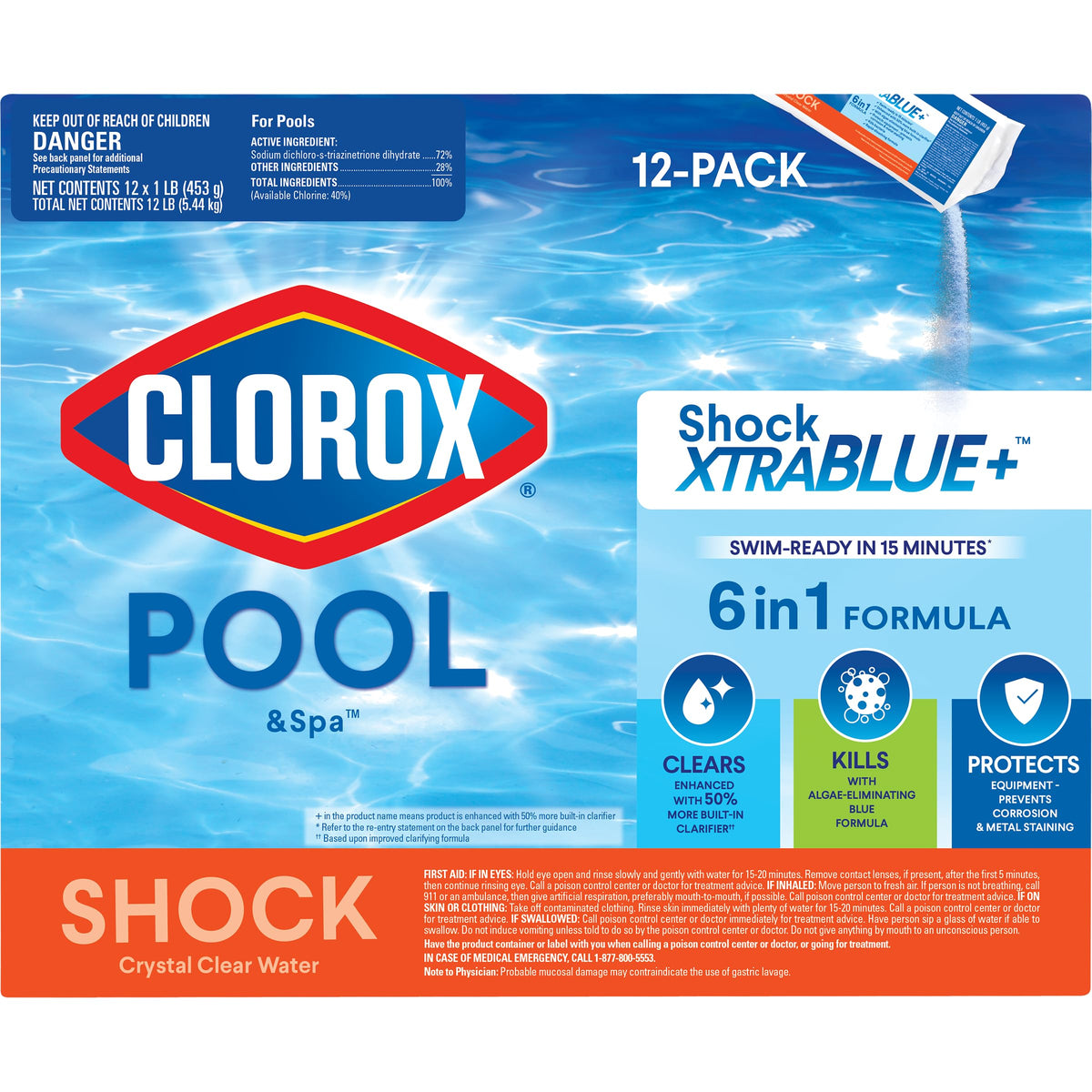 Clorox Pool and Spa Shock XTRABLUE Plus packaging ready for use.