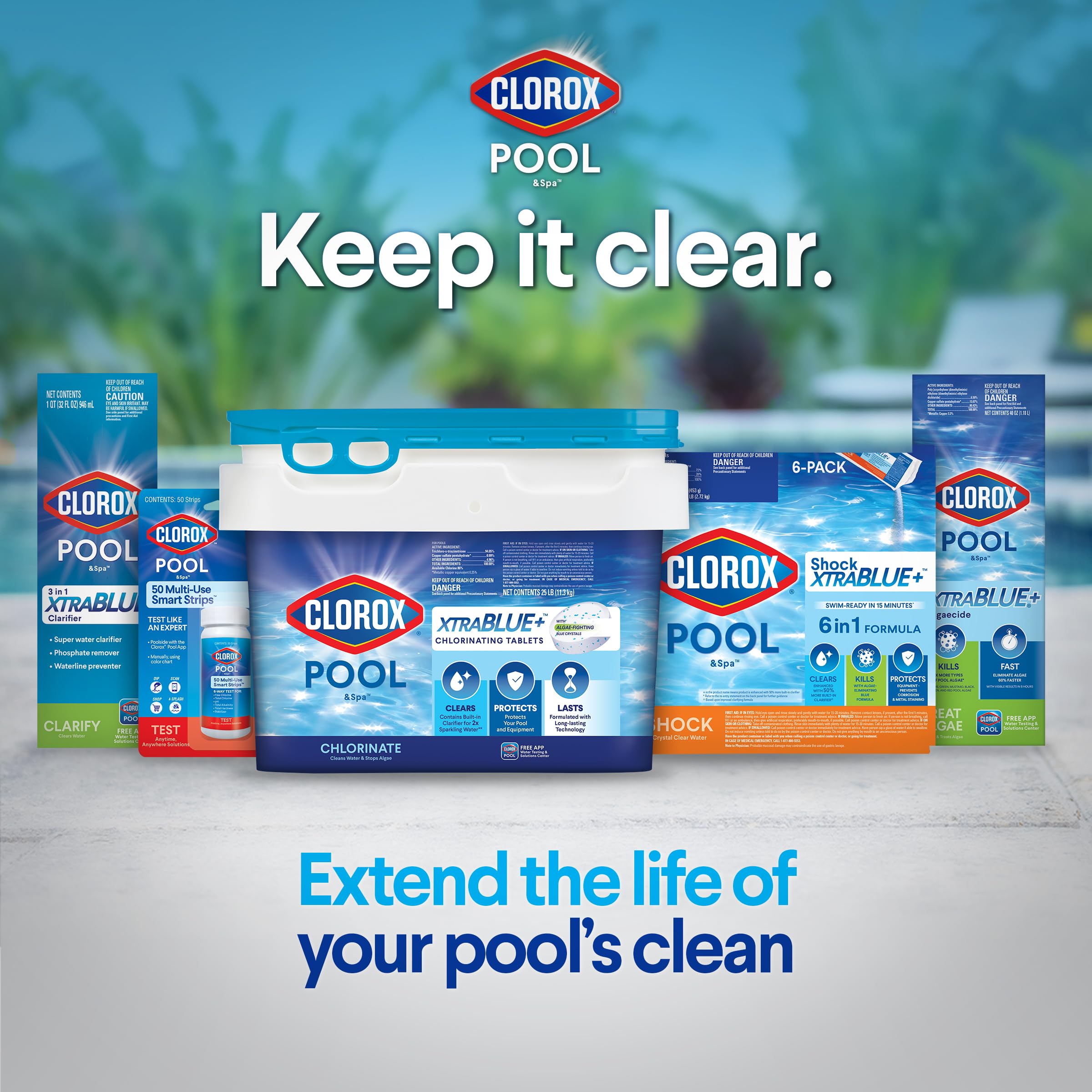 Clorox Pool and Spa Shock XTRABLUE Plus safe on vinyl, plaster, fiberglass, and tile surfaces.