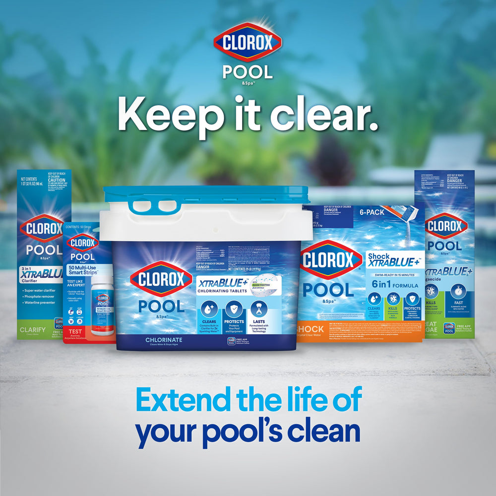 Clorox Pool and Spa Shock XTRABLUE Plus safe on vinyl, plaster, fiberglass, and tile surfaces.