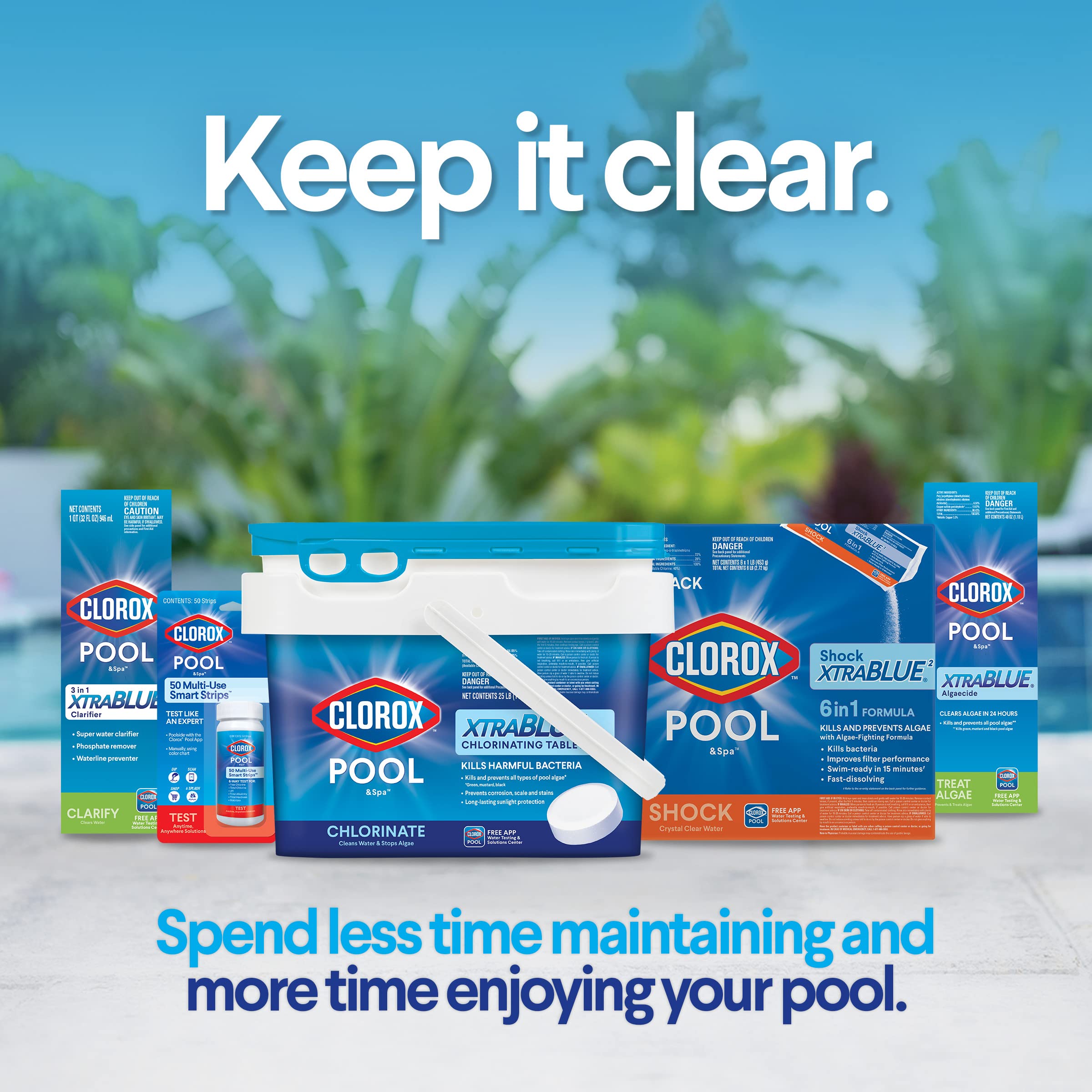 CLOROX Pool&Spa XtraBlue bottle stabilizes chlorine against sunlight for longer residual