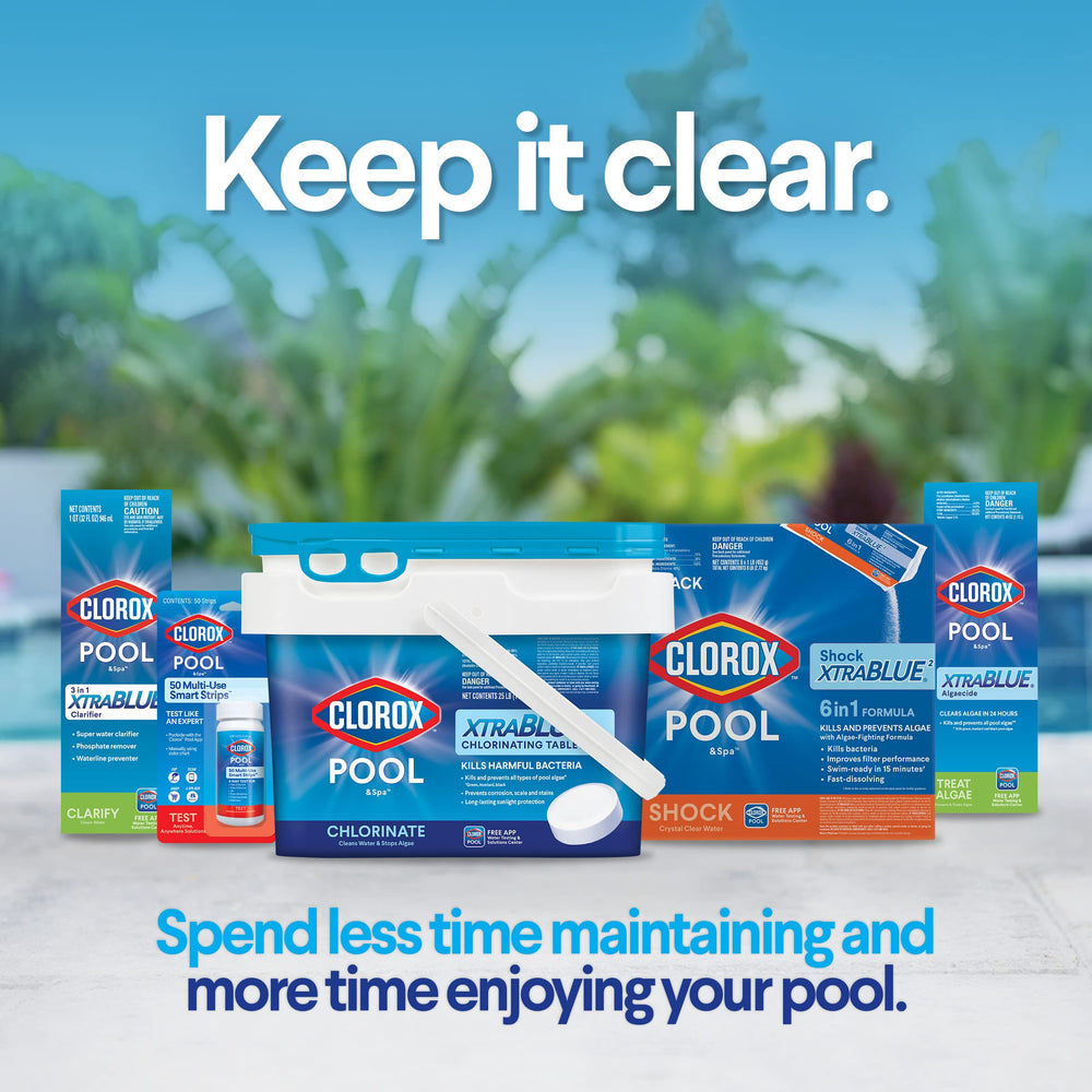 CLOROX Pool&Spa XtraBlue bottle stabilizes chlorine against sunlight for longer residual
