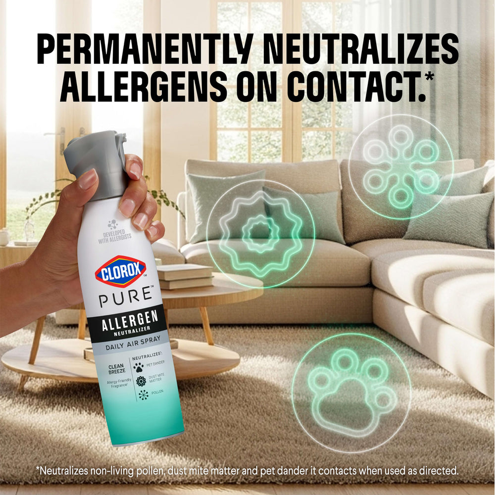 Close-up of the spray nozzle in action for quick allergen control.