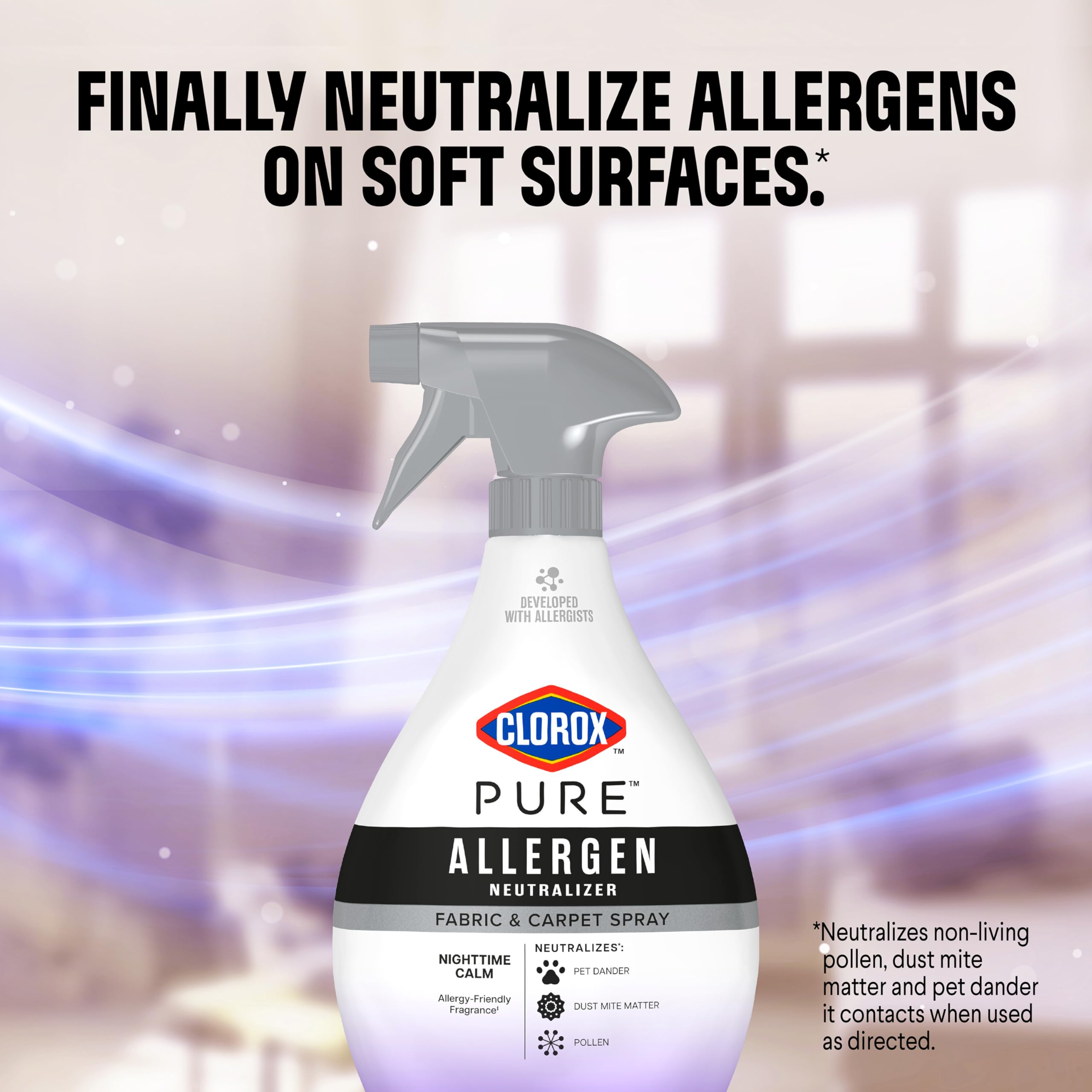 Clorox PURE Allergen Neutralizer used on a pet bed to reduce allergens.