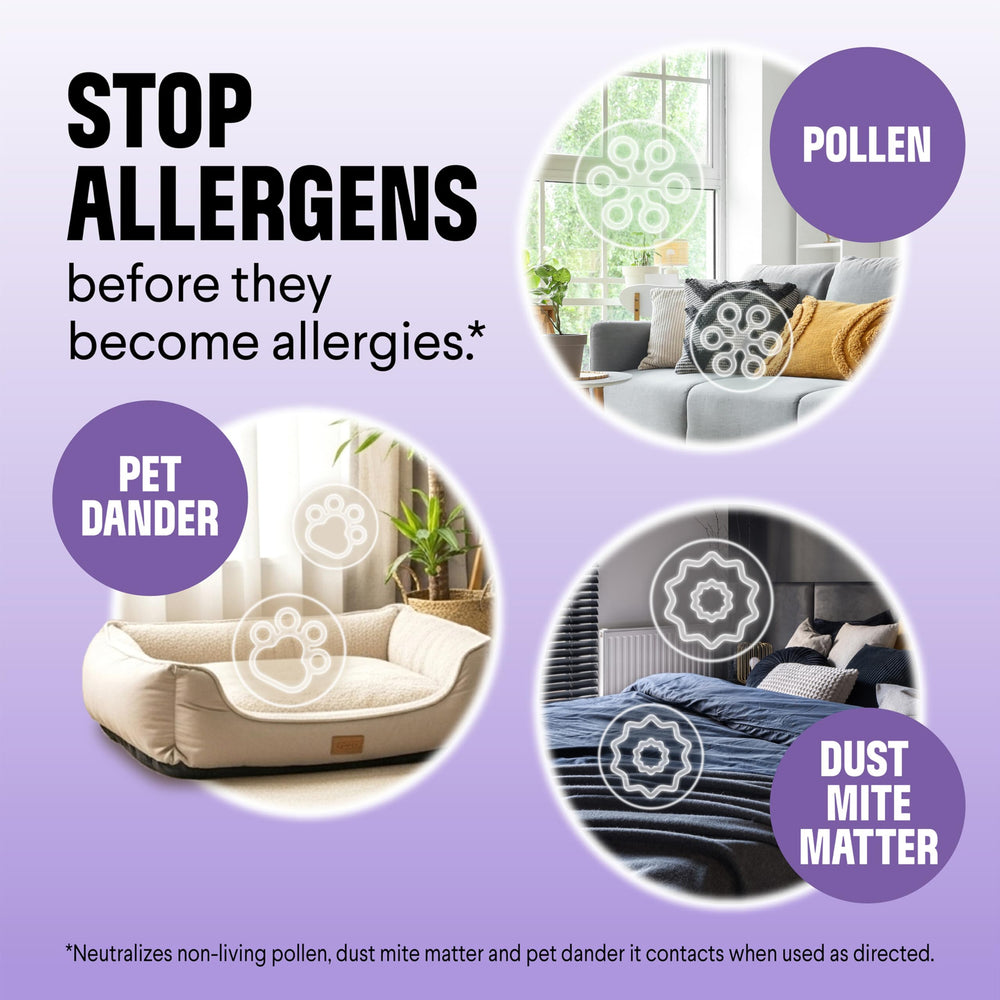 Clorox PURE Allergen Neutralizer on carpet and bedding for soft surface refresh.
