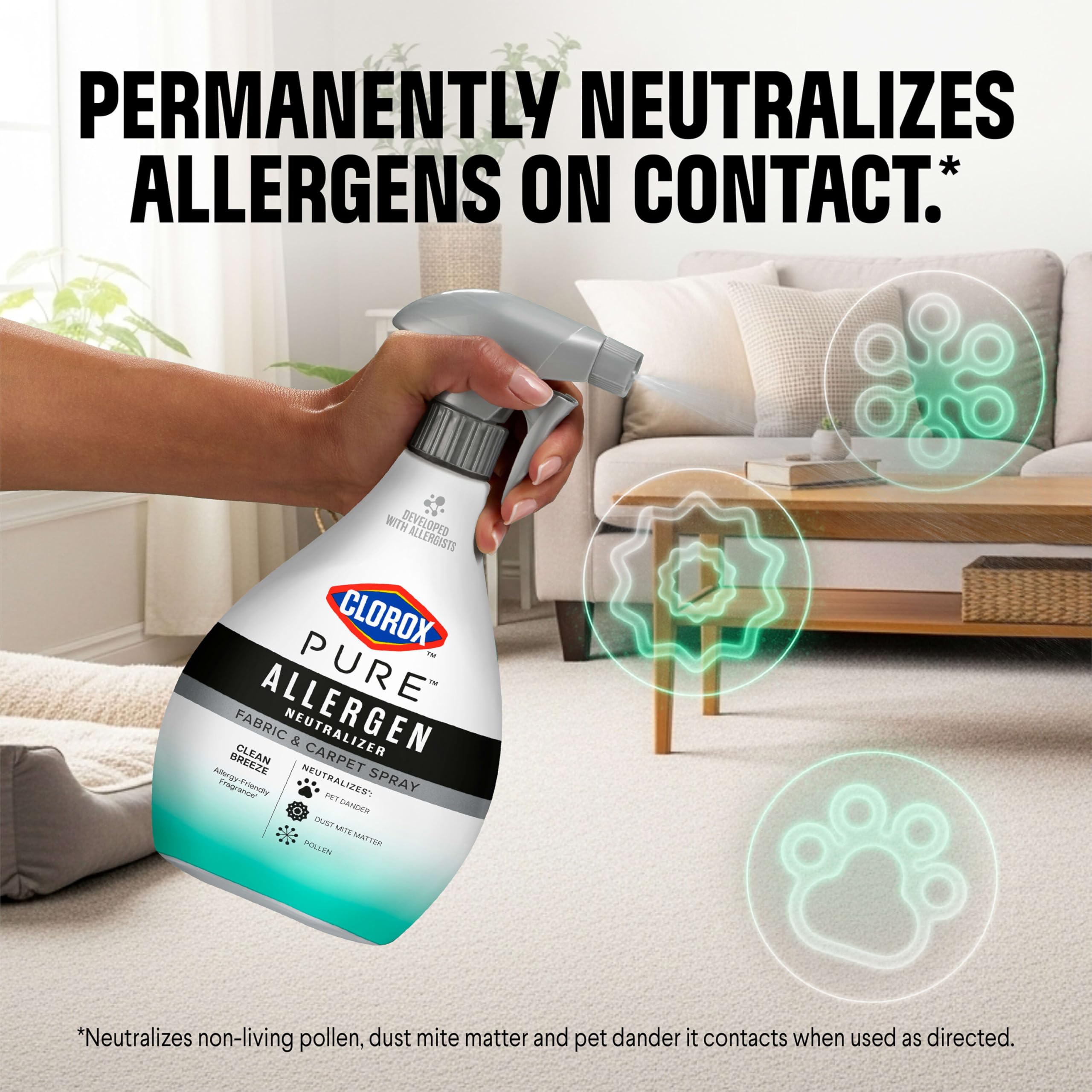 Clorox PURE bottle closeup showing Aller-Fresh technology on label