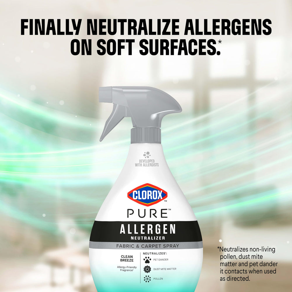 Clorox PURE on carpet and fabric spray in use in living room