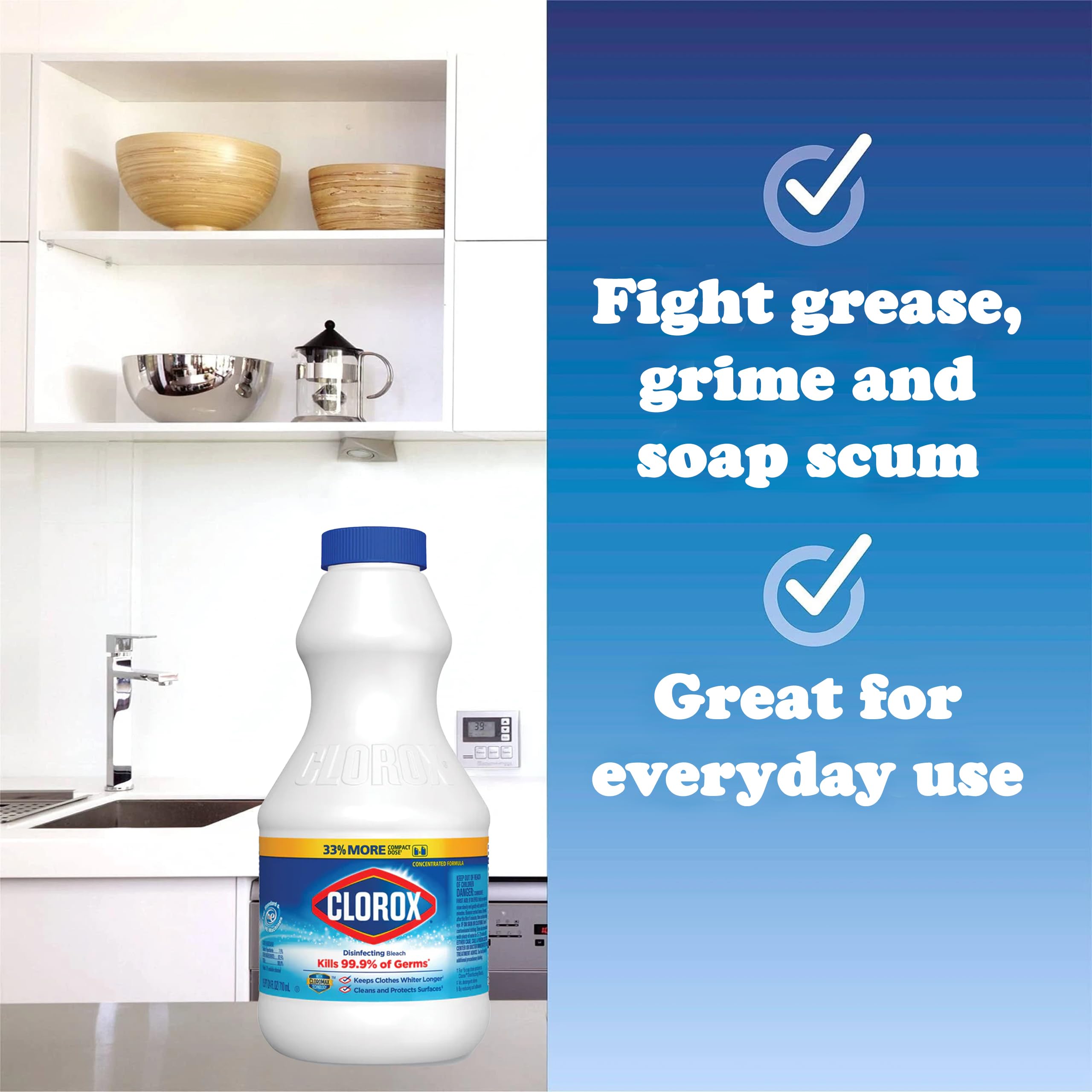 Compact bottle stores neatly in cabinets for quick access.
