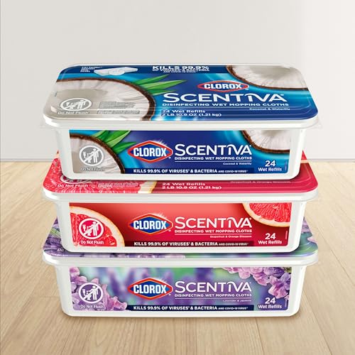 Clorox Scentiva cleaning journey from kitchen to bathroom with inviting scent.