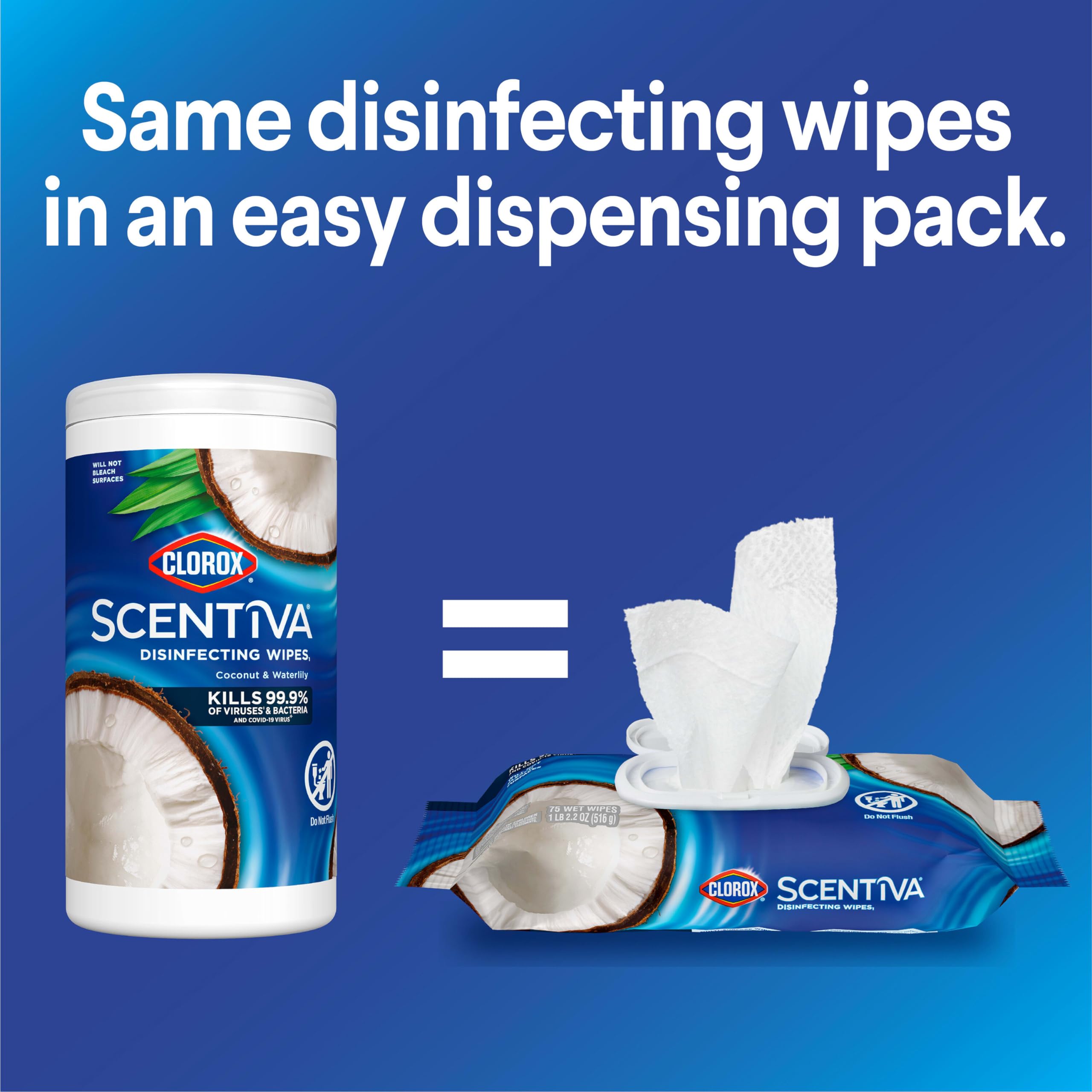 Clorox Scentiva wipes close-up showing long-lasting fresh scent and quick-dry formula.
