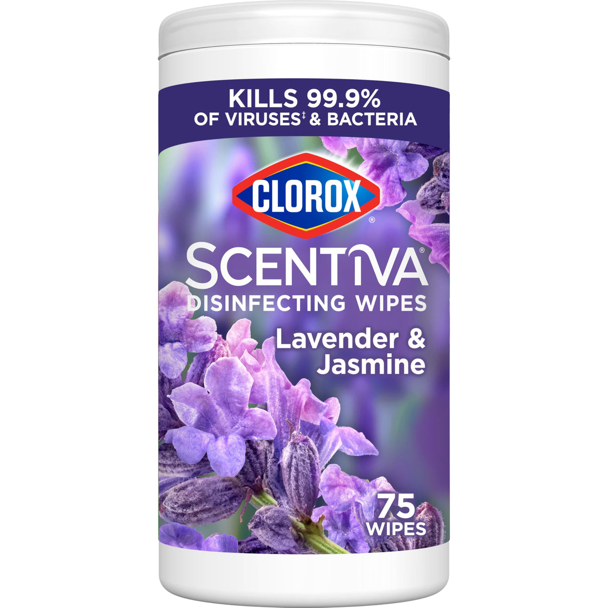 Clorox Scentiva Lavender and Jasmine canister front view for quick surface disinfection.