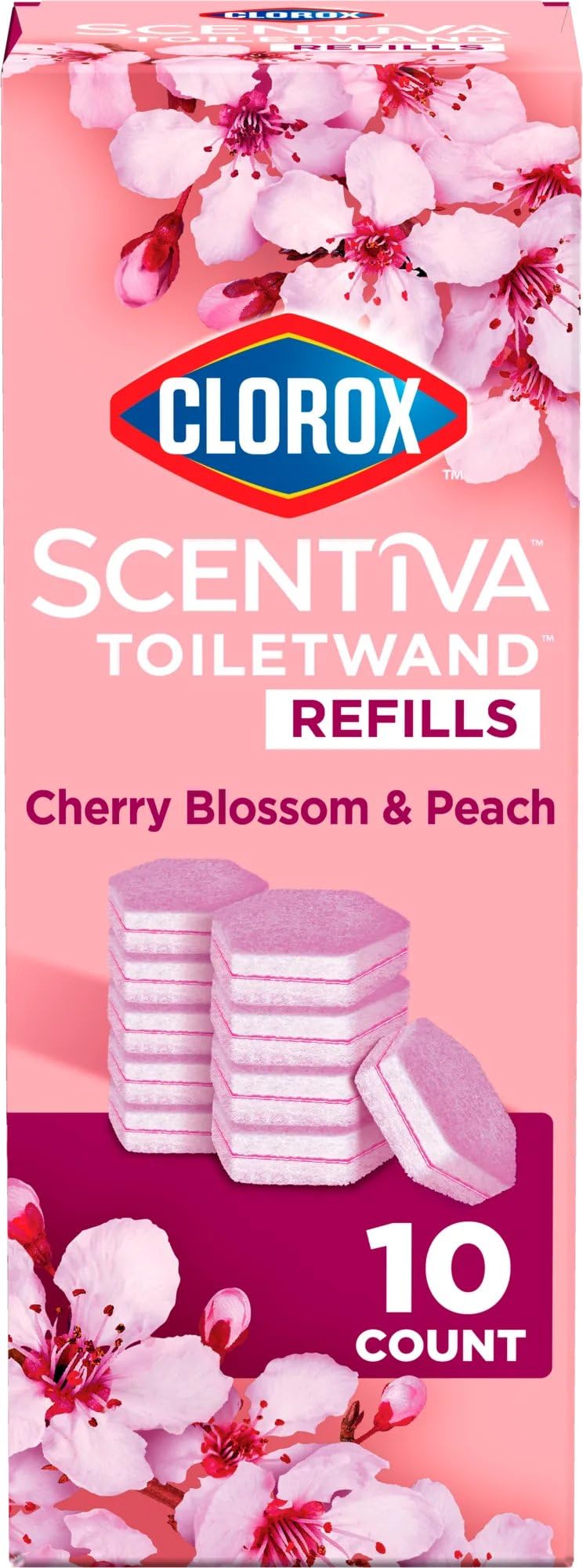 Clorox Scentiva ToiletWand refills pack shot with Cherry Blossom and Peach scent for easy cleaning.