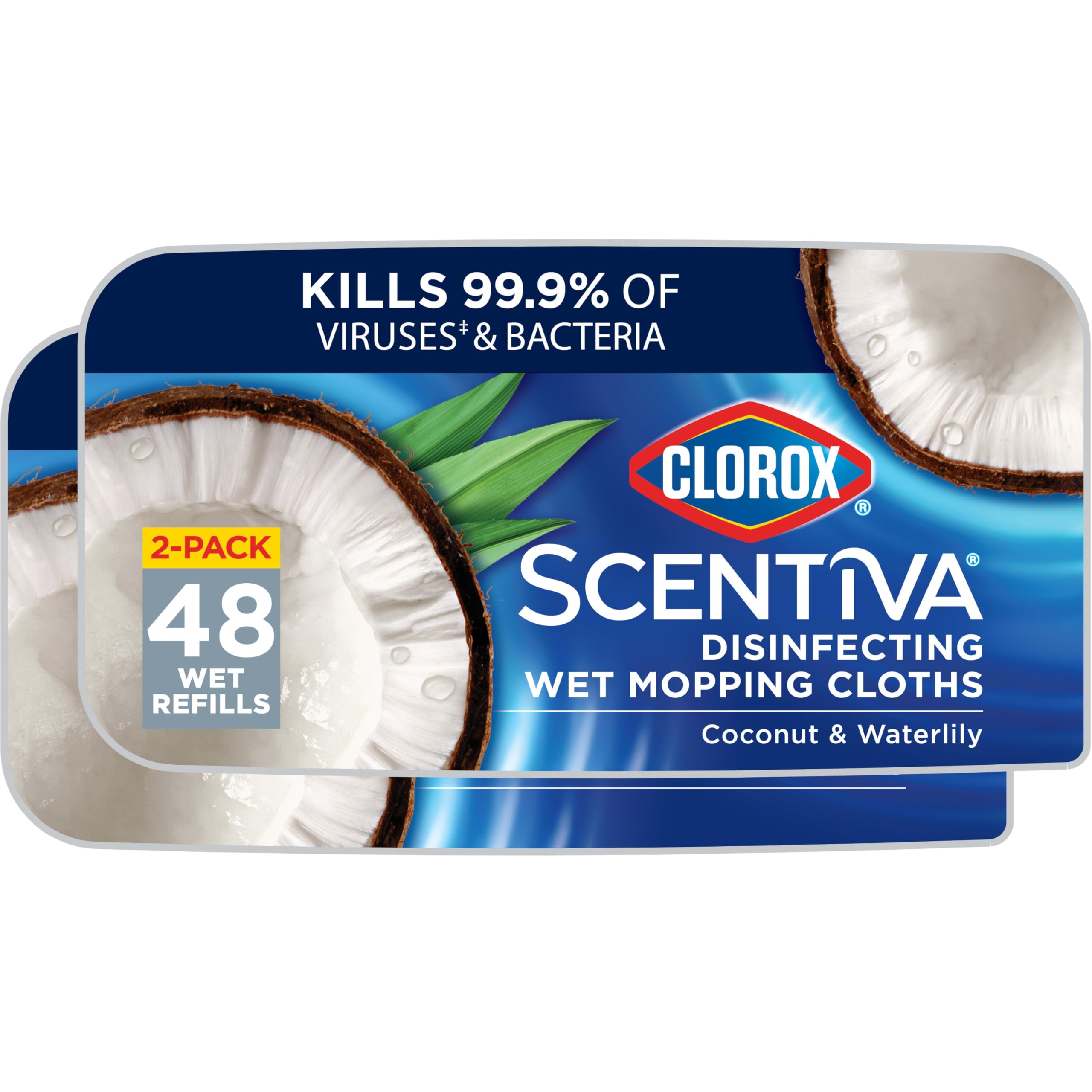 Clorox Scentiva wet mop pad front view emphasizes coconut waterlily scent for fresh floors.