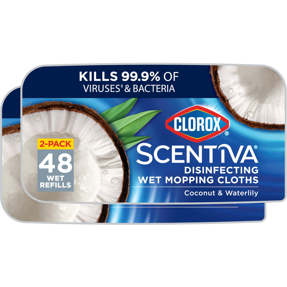 Clorox Scentiva wet mop pad front view emphasizes coconut waterlily scent for fresh floors.