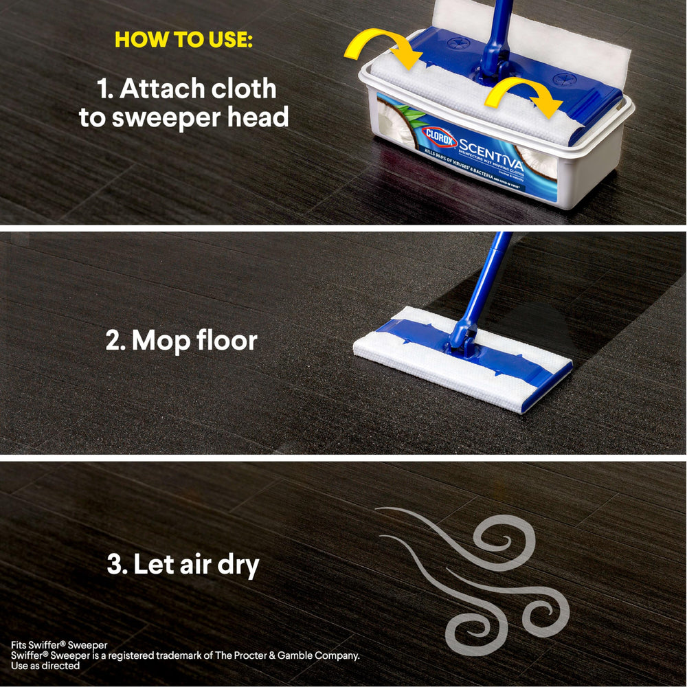 Clorox Scentiva wet mop pad in use on a hardwood floor.