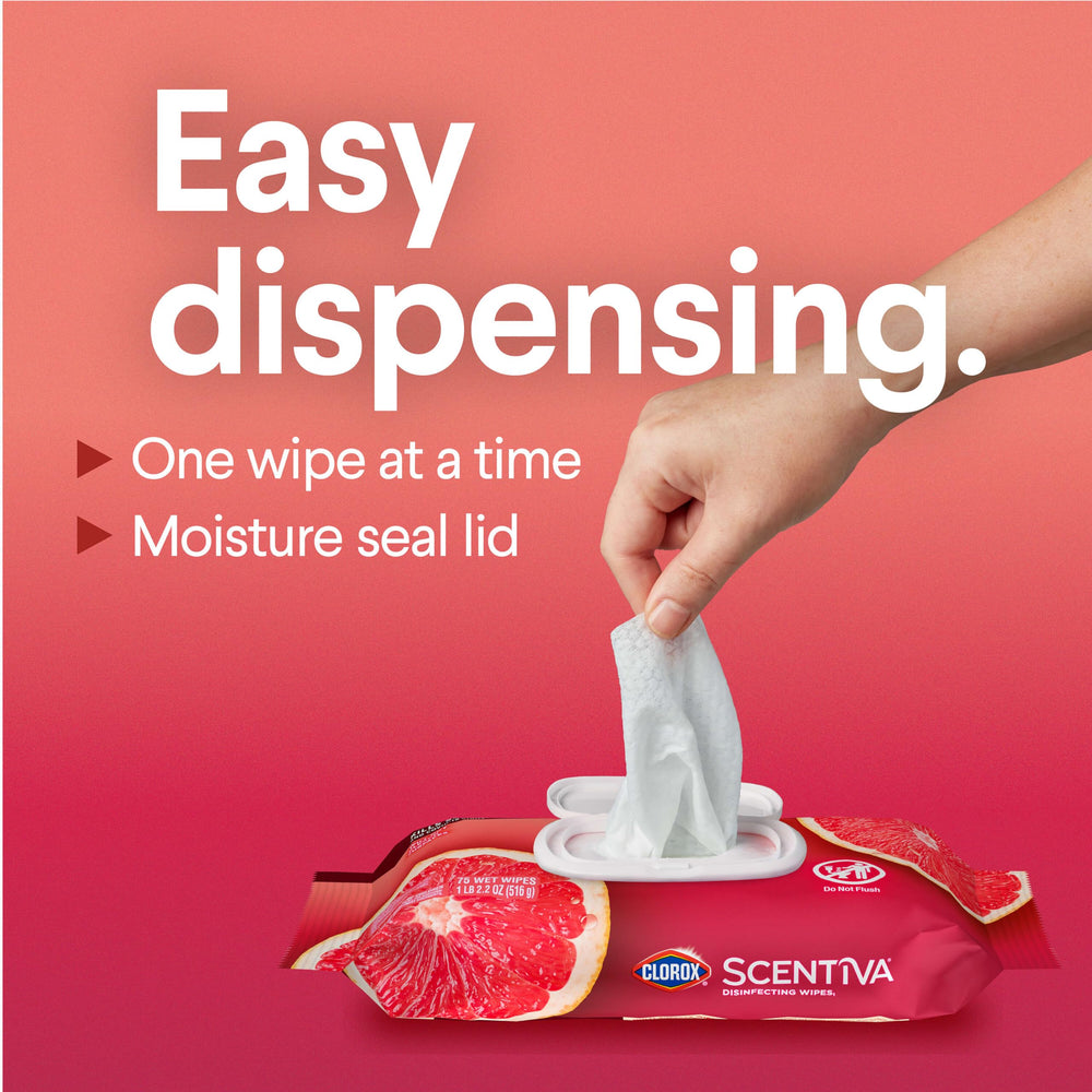 Clorox Scentiva bathroom surface wipe with quick-drying formula.