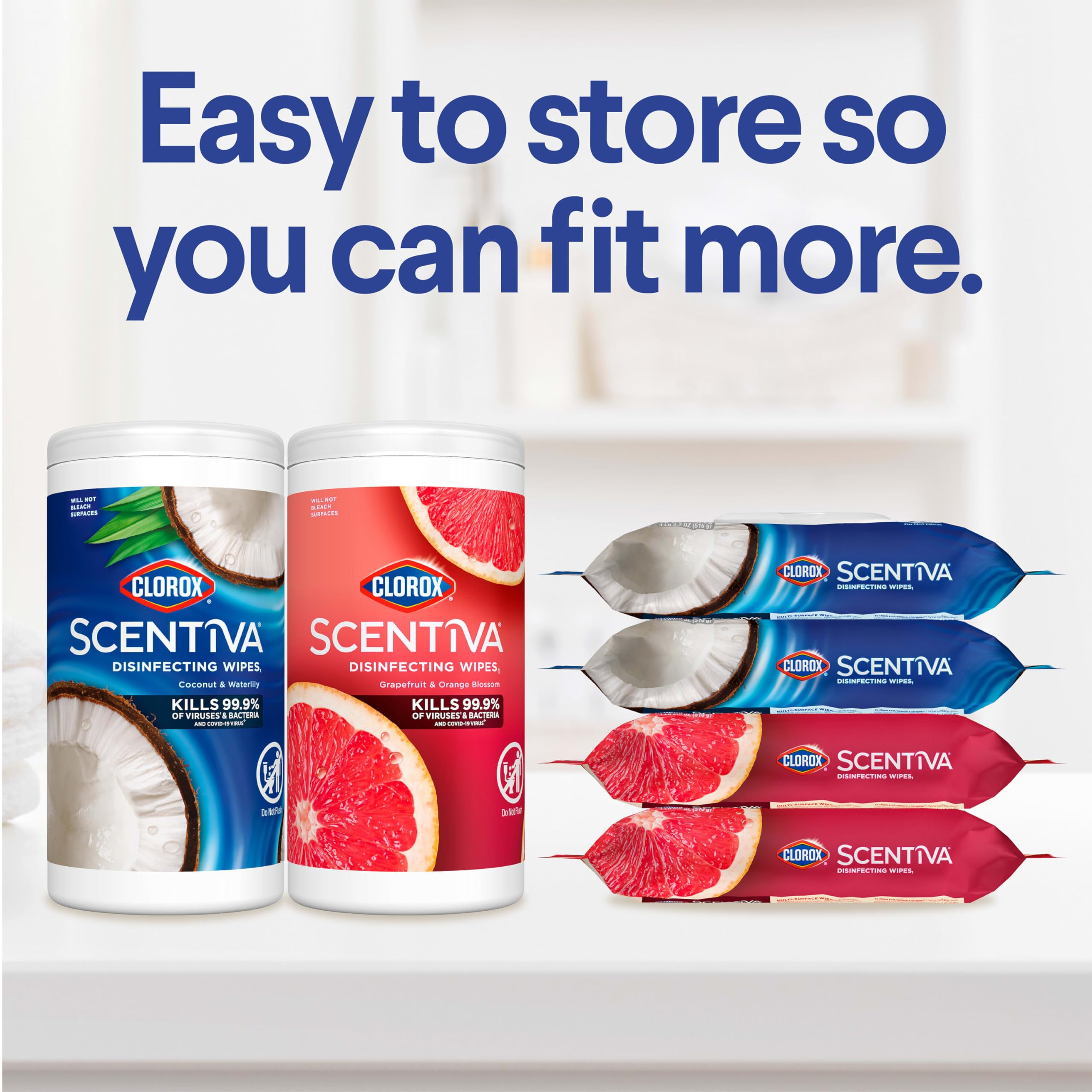 Clorox Scentiva wipes help control odors by inhibiting odor-causing bacteria on surfaces.