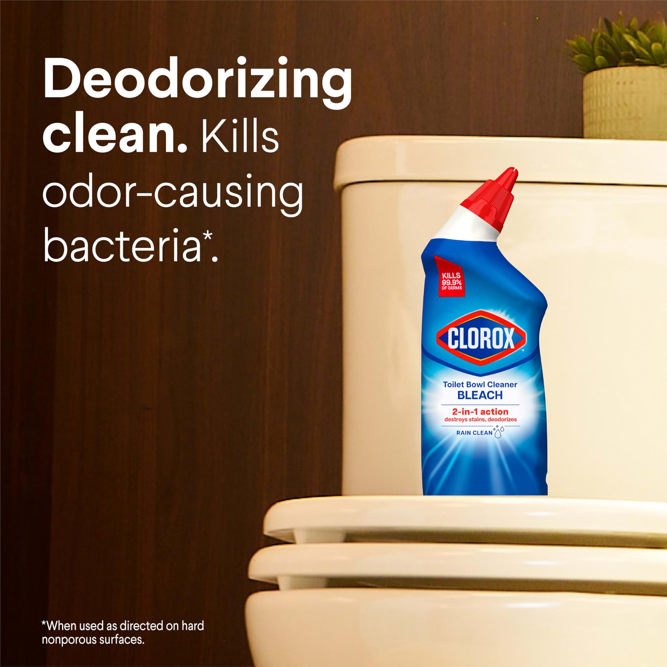 Bottle showing deodorizing action and odor control in a bathroom