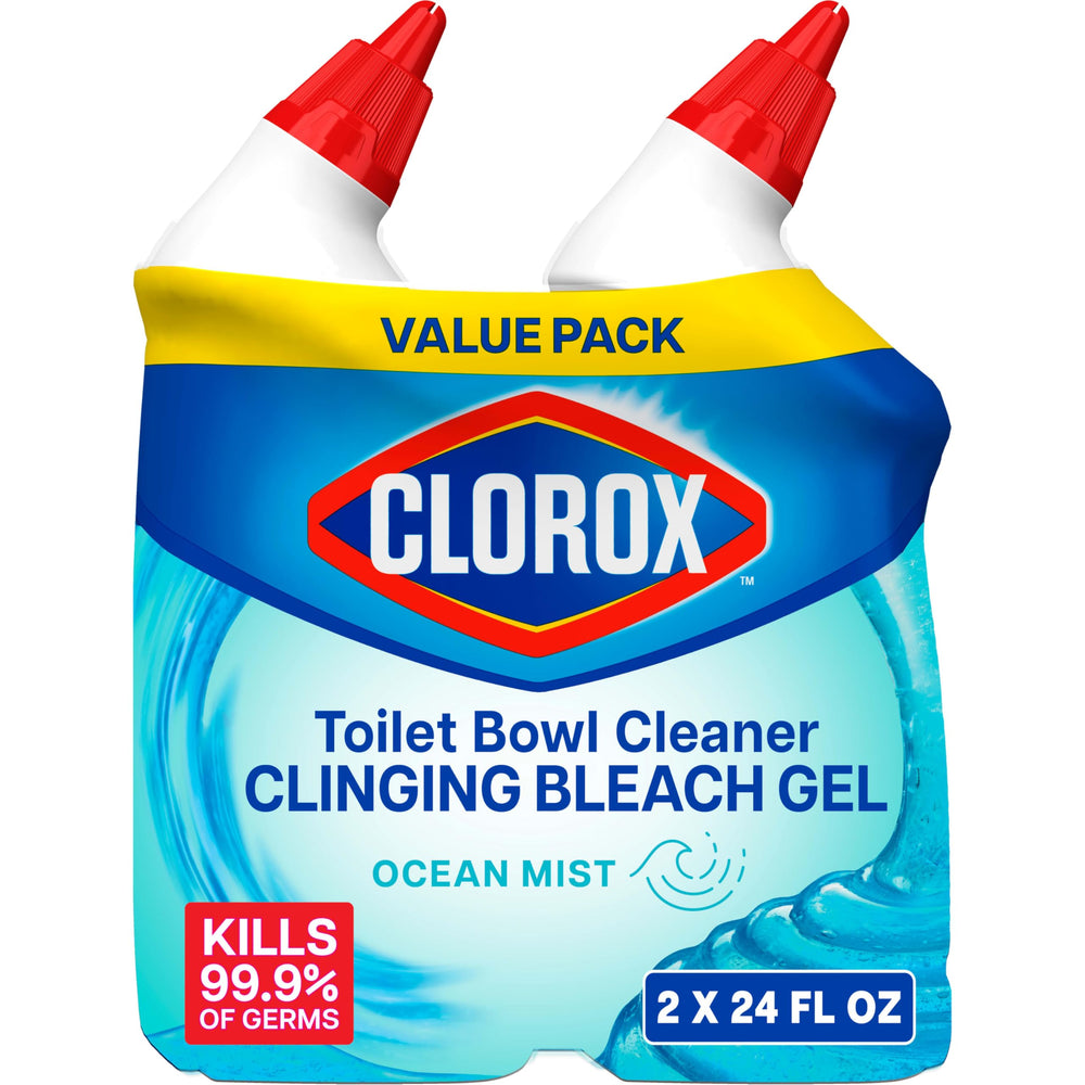 Clorox Toilet Bowl Cleaner Clinging Bleach Gel Ocean Mist bottle pour for deep cleaning.