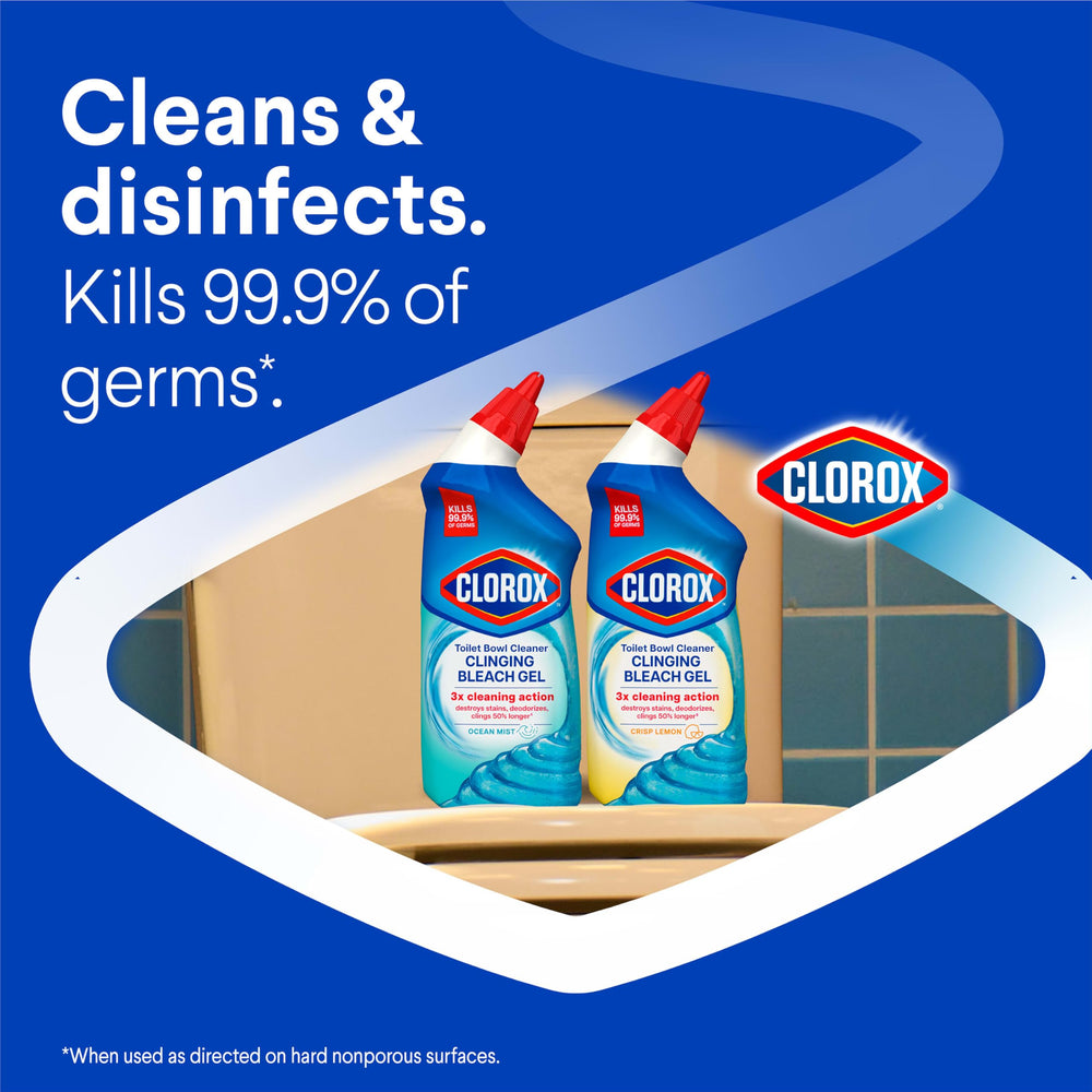 Clorox Ocean Mist gel clings to bowl for thorough stain removal.