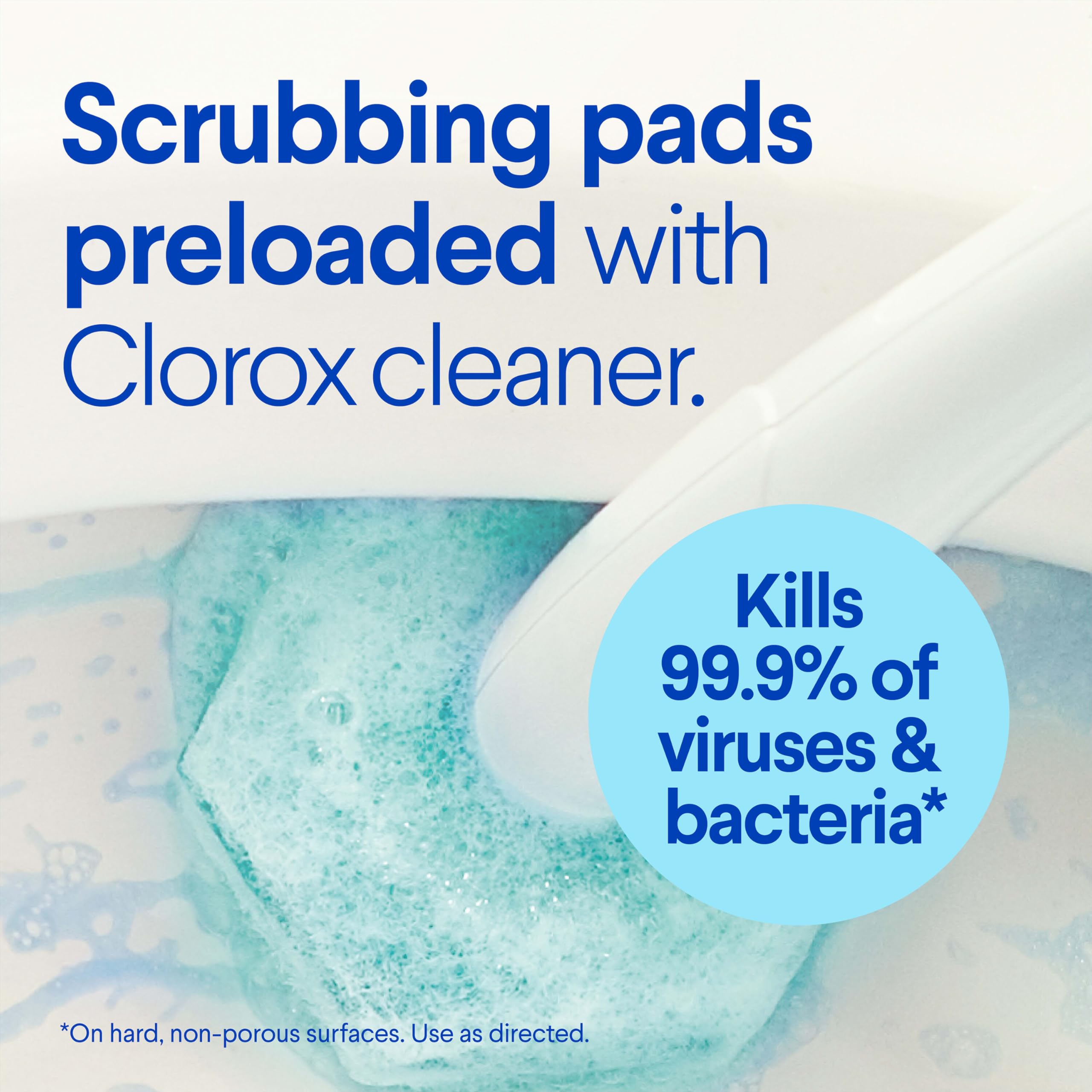 Preloaded cleaner pad on ToiletWand simplifies disinfecting porcelain and chrome surfaces.