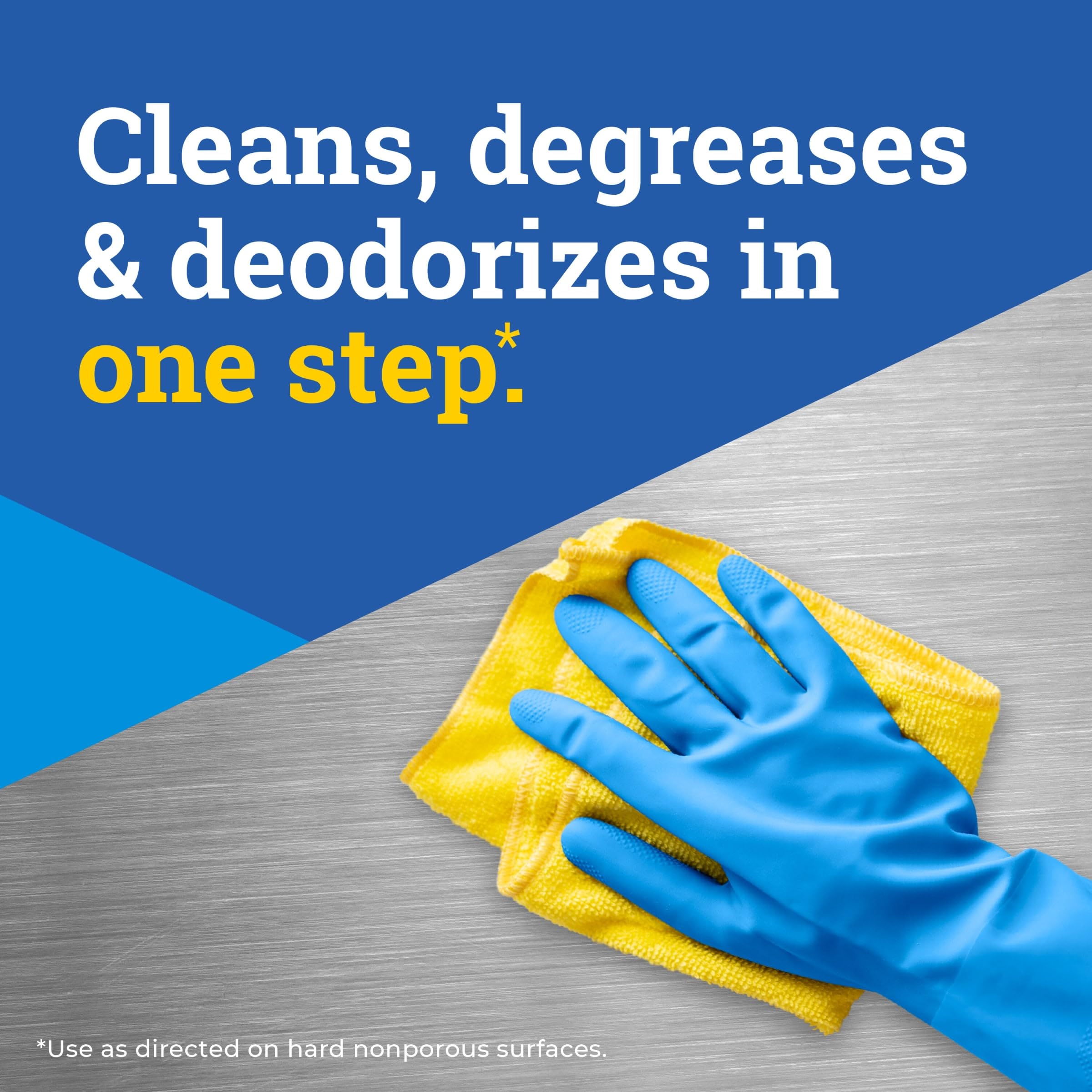 Person applying cleaner on kitchen counter shows multi-surface use.