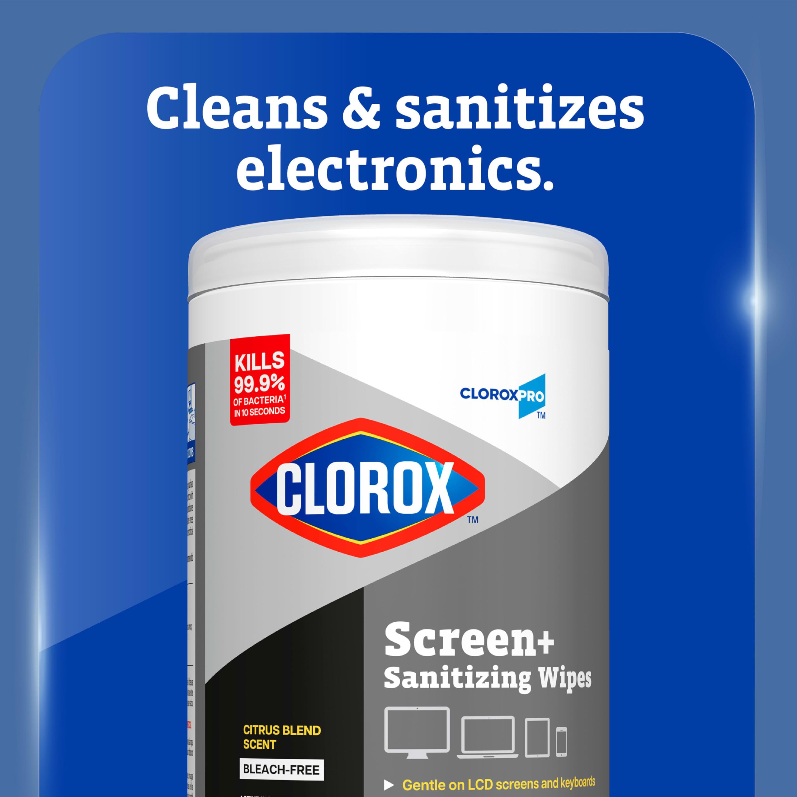 CloroxPro Screen+ Wipes kill bacteria in 10 seconds on electronics.