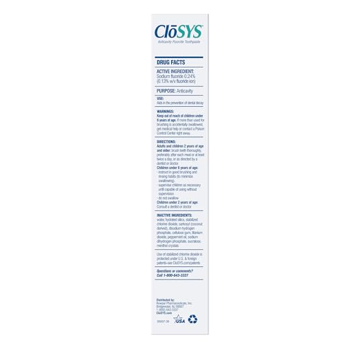 CloSYS Fluoride toothpaste pack highlights enamel protection and cavity reduction.