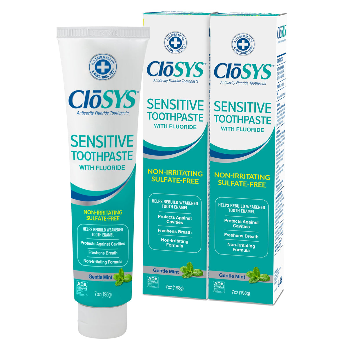 CloSYS Gentle Mint toothpaste tube shown for gentle brushing and fresh breath.