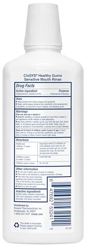 CloSYS Healthy Gums Mouthwash label closeup highlighting alcohol-free formula.