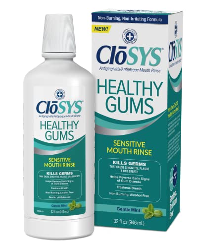 CloSYS Healthy Gums Mouthwash being poured for a daily rinse.