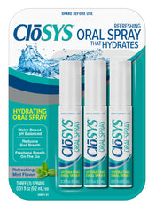 CloSYS mint 3-pack breath spray for long-lasting freshness on the go.