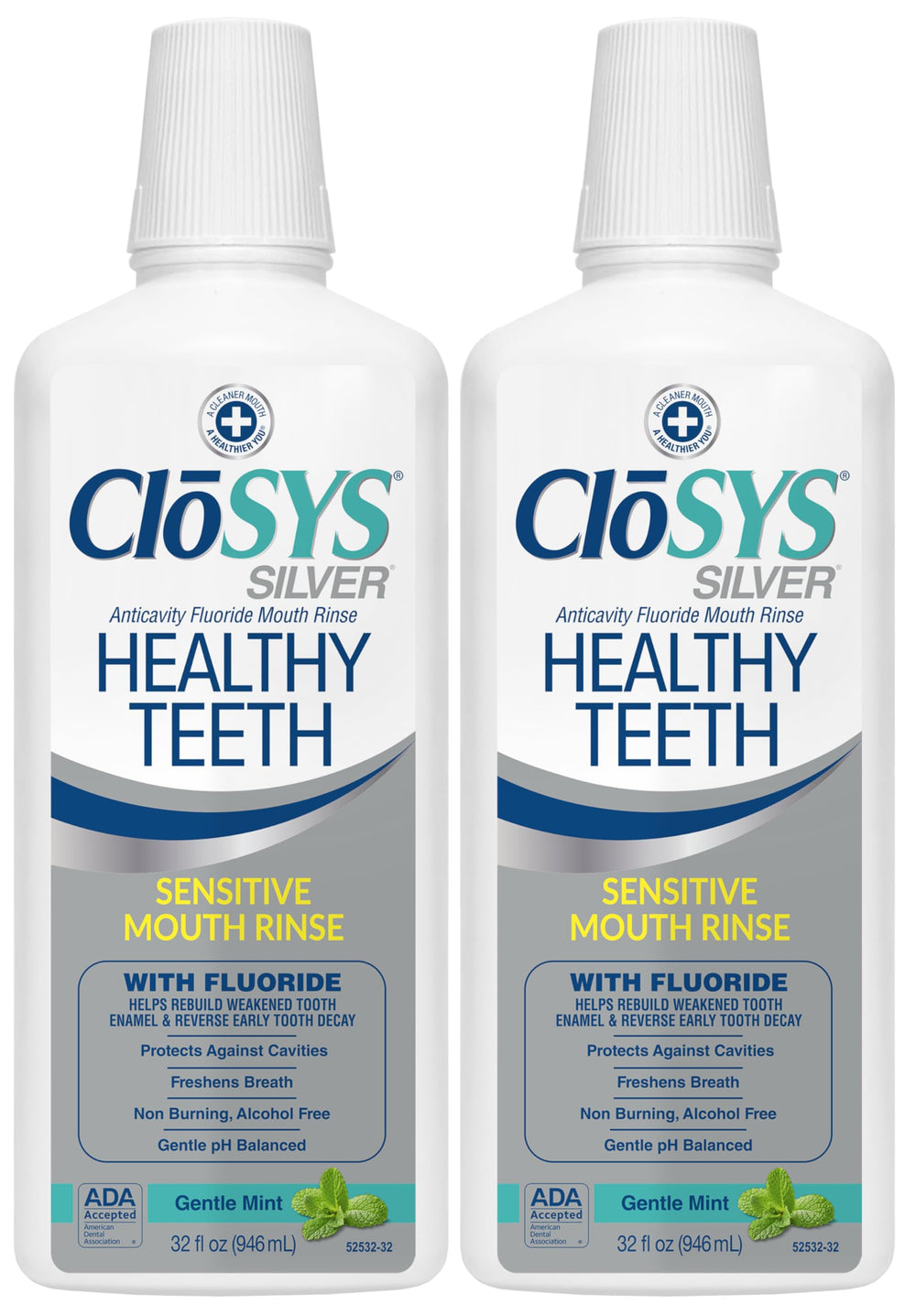 CloSYS Silver Healthy Teeth Mouthwash bottle shows a gentle, non-irritating rinse for daily use.