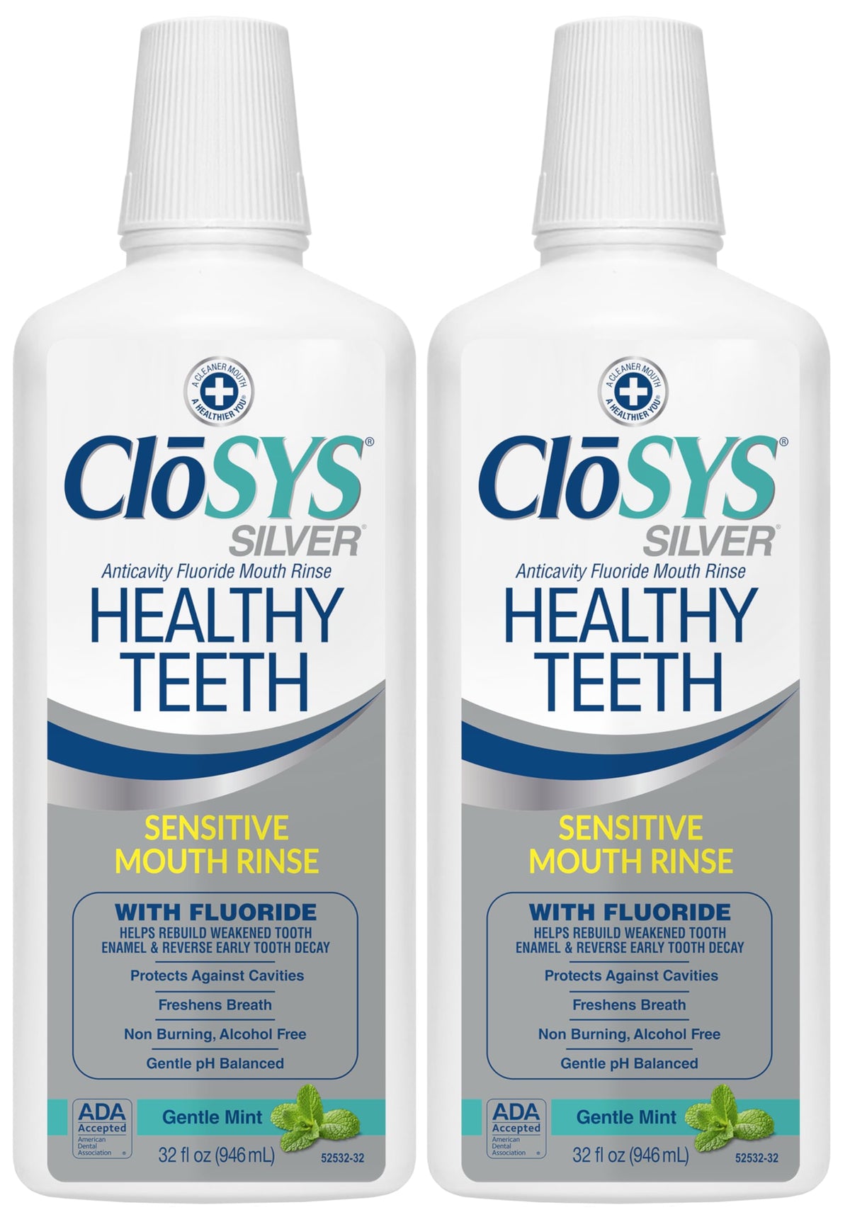 CloSYS Silver Healthy Teeth Mouthwash bottle shows a gentle, non-irritating rinse for daily use.