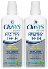 CloSYS Silver Healthy Teeth Mouthwash bottle shows a gentle, non-irritating rinse for daily use.