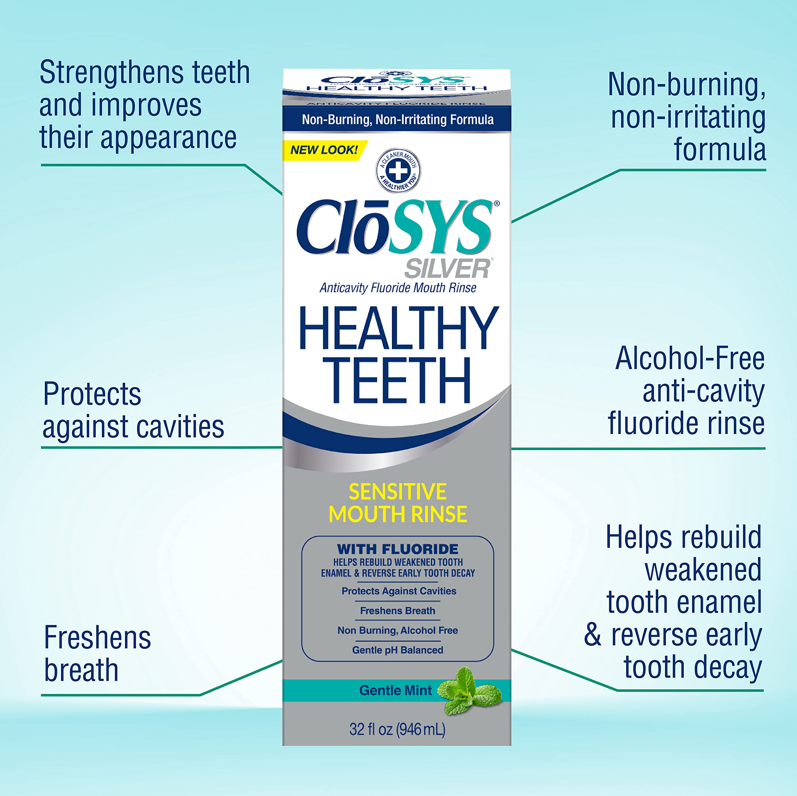 CloSYS mouthwash being poured into a glass demonstrates an easy nightly routine.
