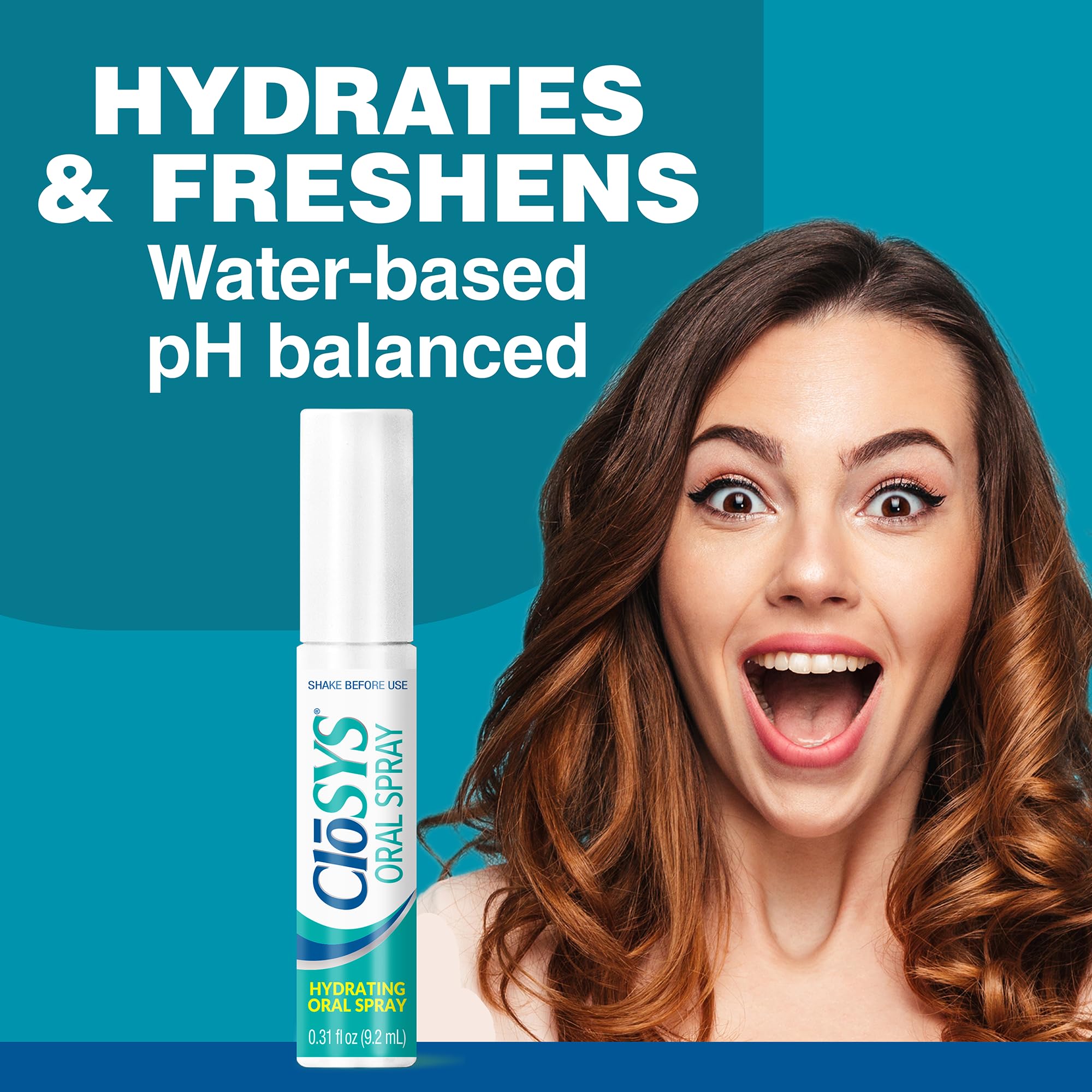 CloSYS sugar-free breath spray with non-aerosol pump for mess-free use.