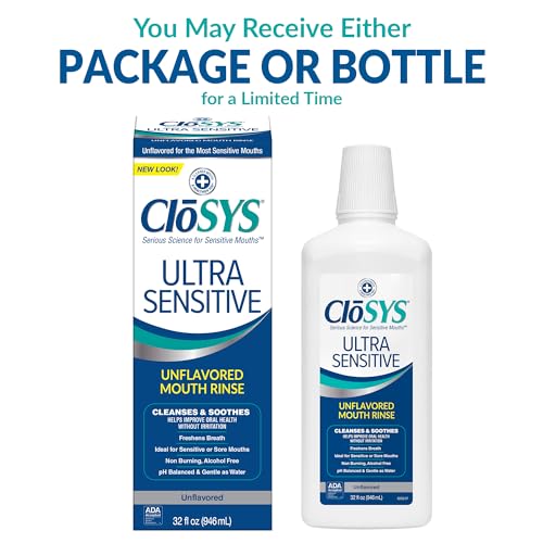 CloSYS Ultra Sensitive bottle front showing alcohol-free formula for sore mouths.